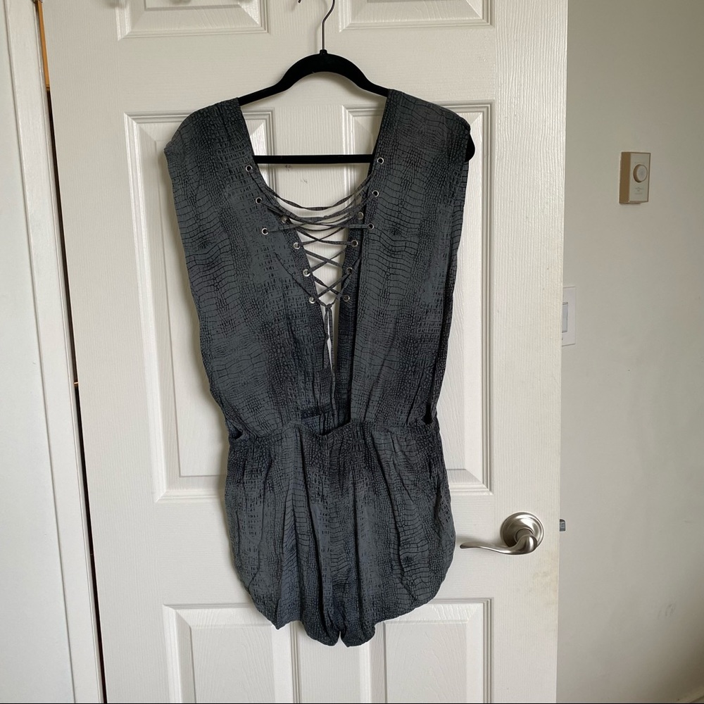 Indah Blue Snake Print Short Romper w/ Lace up Front and Back